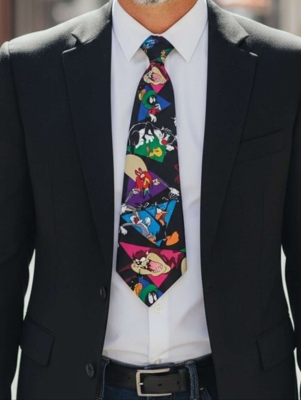Warner Bros. Looney Tunes Character Black Tie with Multi-Color Panels